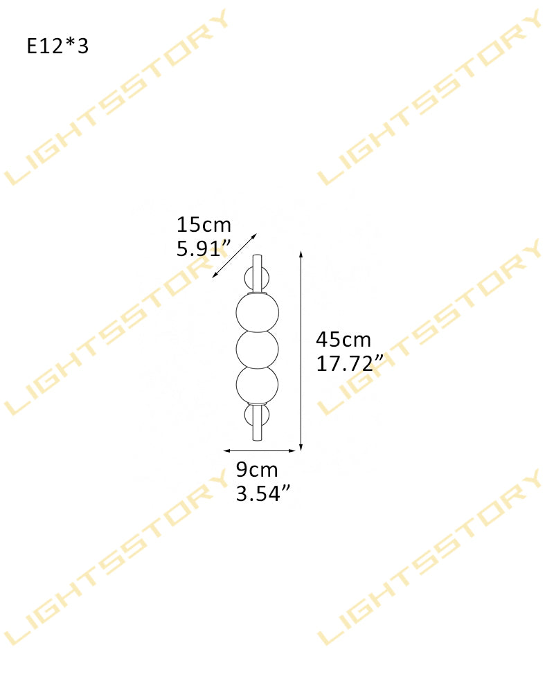 Technical dimension diagram of a 3-light linear bulb fixture, labeled E12*3, showing measurements of 15cm spacing, 45cm total height, and 9cm width on a white background with diagonal LIGHTSSTORY watermarks.