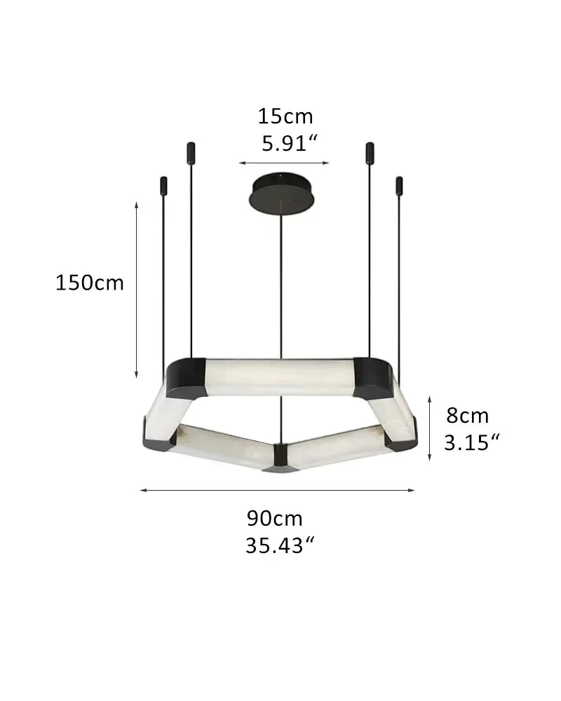 Ring lamps on string suspension in the form of pentagons made of Spanish marble and metal corners L90*H8CM L35.43*3.15" White + Black American Vintage chandelier lamp
