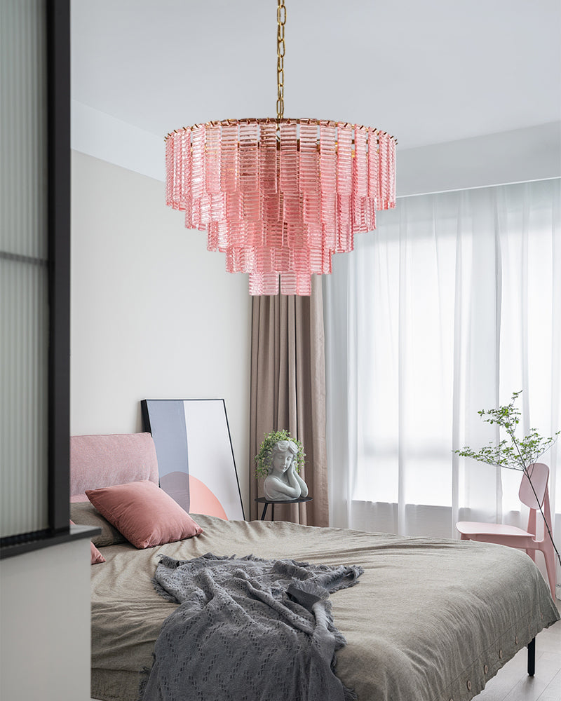 Dimmable 5 tiered pink glass pendant lamp with adjustable chain
