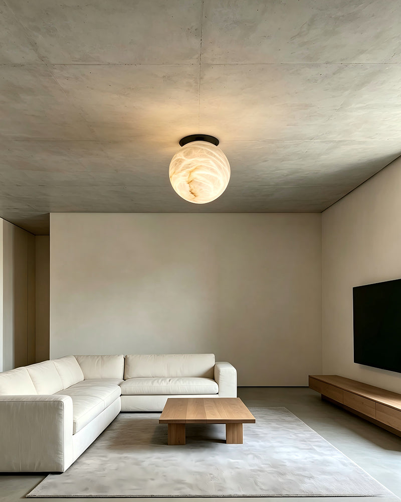 Alabaster Sphere Globe Ceiling Light - Natural Spanish Alabaster Flush Mount, Serene Black Base - Bedroom & Living Rooms