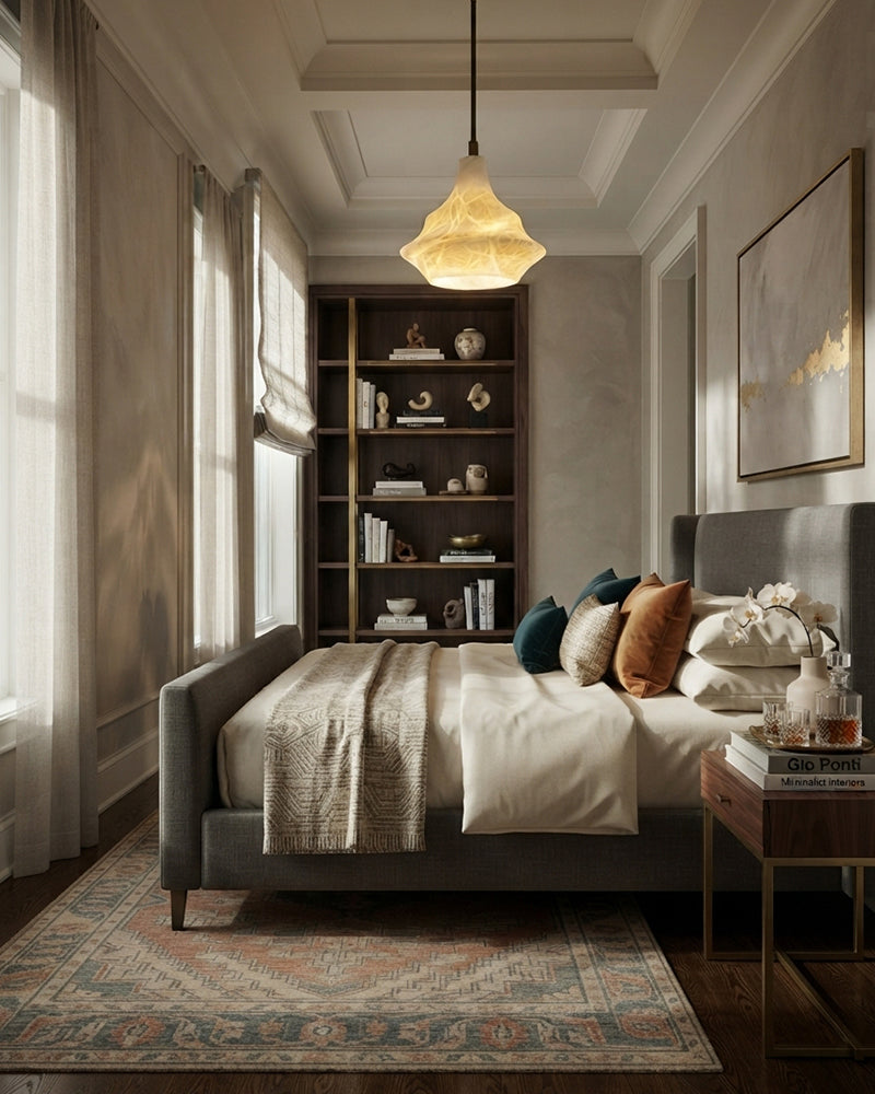 Alabaster Geometric Tiered Lantern Bell Pendant Light - Natural Spanish Alabaster Bells, Serene Black Trim - Kitchens, Dining & Living Rooms.