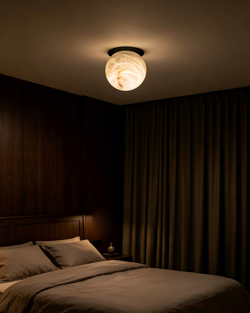 Alabaster Sphere Globe Ceiling Light - Natural Spanish Alabaster Flush Mount, Serene Black Base - Bedroom & Living Rooms