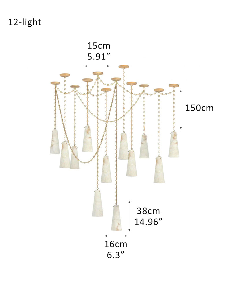 Modern Alabaster Chandelier 2 Light, Double Pendant with adjustable brass/black chain
