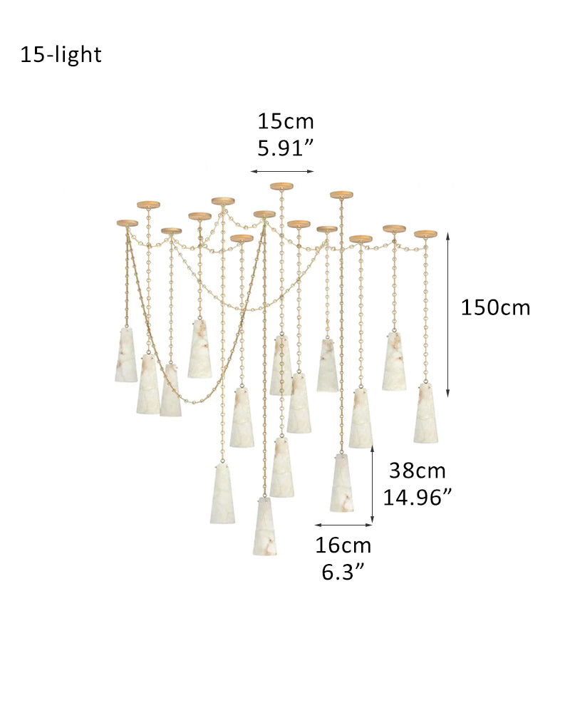 Modern Alabaster Chandelier 2 Light, Double Pendant with adjustable brass/black chain