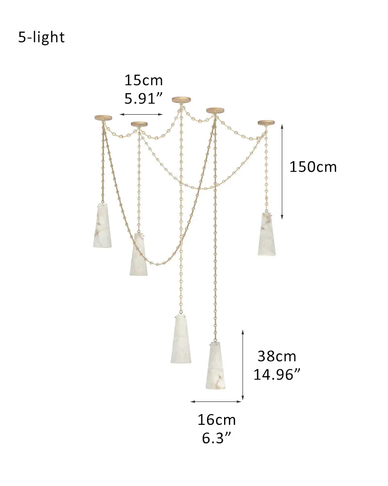 Modern Alabaster Chandelier 2 Light, Double Pendant with adjustable brass/black chain