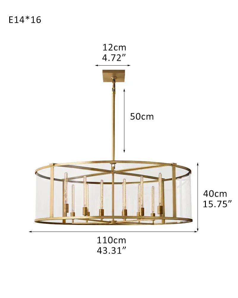 8/12/16/20 Halogen Light with Glass Lantern Chandelier Brushed Brass/Black Steel Frame R-L110*H40CM L43.31“*H15.75" Gold American Vintage chandelier lamp