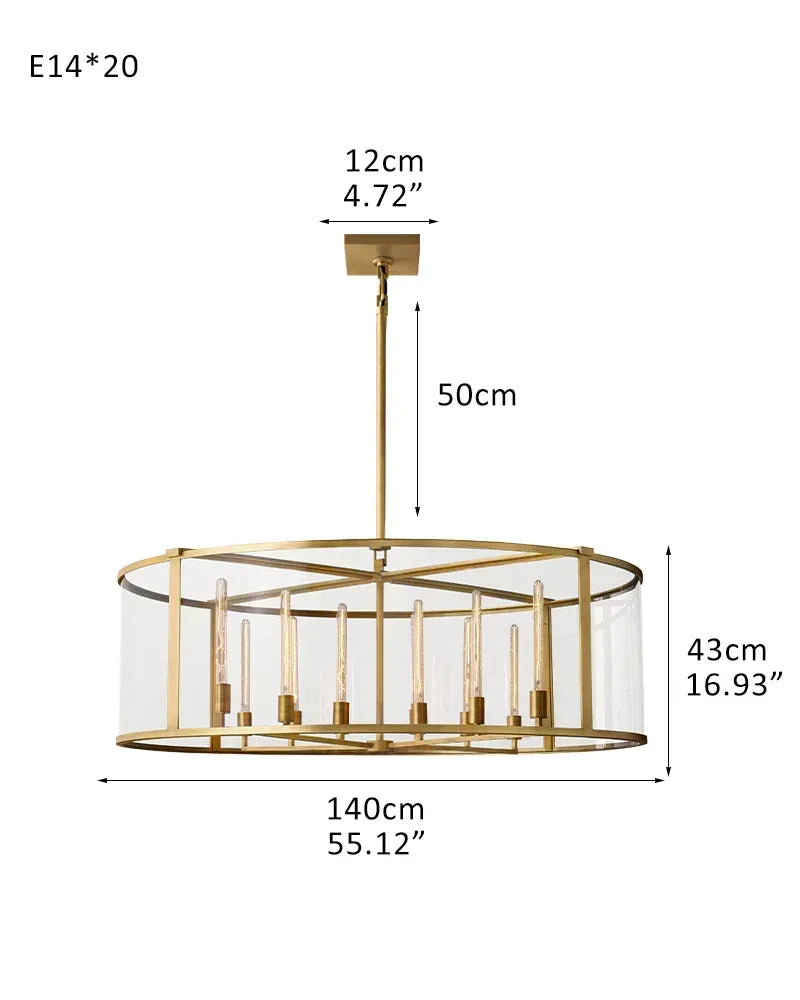 8/12/16/20 Halogen Light with Glass Lantern Chandelier Brushed Brass/Black Steel Frame R-L140*H43CM L55.12“*H16.93" Gold American Vintage chandelier lamp
