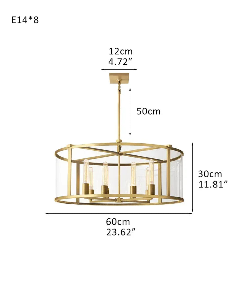 8/12/16/20 Halogen Light with Glass Lantern Chandelier Brushed Brass/Black Steel Frame R-L60*H30CM L23.62“*H11.81" Gold American Vintage chandelier lamp