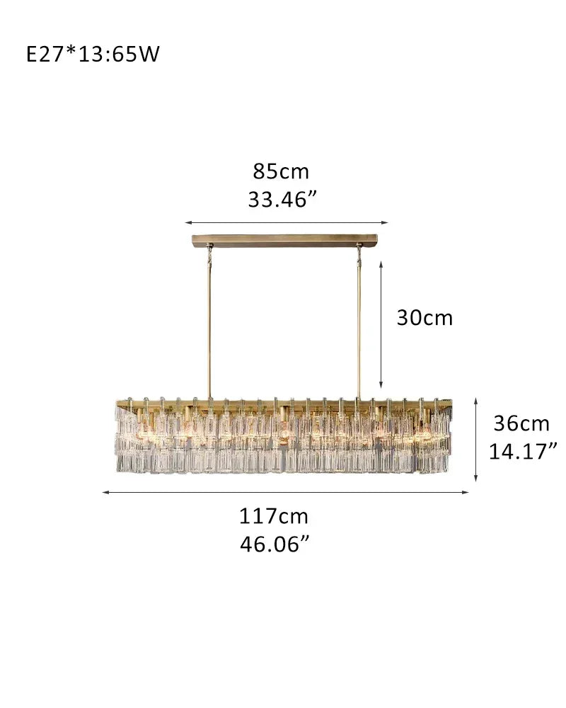 13 Lights 60" Wide Rectangular Crystal Chandelier Stain Golden Linear indoor lighting L117*W40*H36CM L46.06*W15.75*H14.17" American chandelier