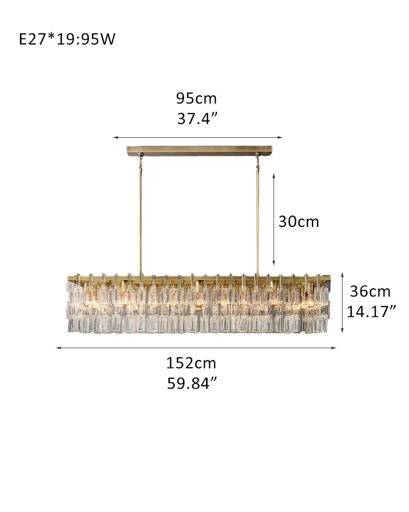 13 Lights 60" Wide Rectangular Crystal Chandelier Stain Golden Linear indoor lighting L152*W40*H36CM L59.84*W15.75*H14.17" Gold American chandelier