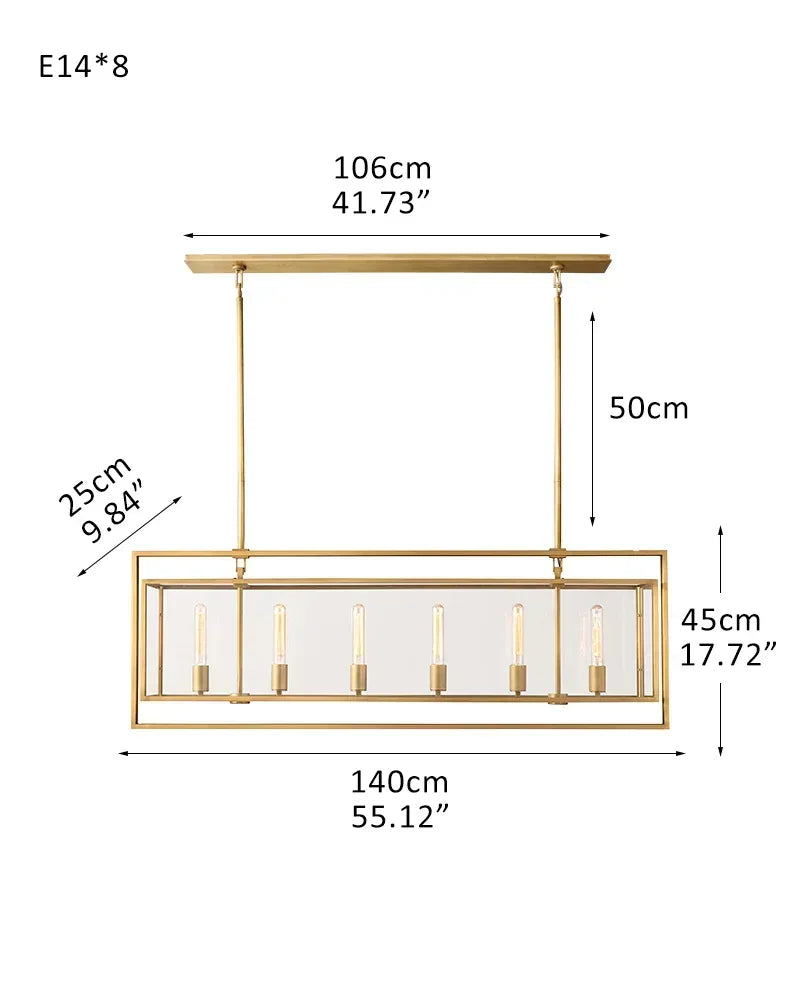 8/12/16/20 Halogen Light with Glass Lantern Chandelier Brushed Brass/Black Steel Frame L-L140*W25*H43CM L55.12“*W9.84"*H16.93" Gold American Vintage chandelier lamp