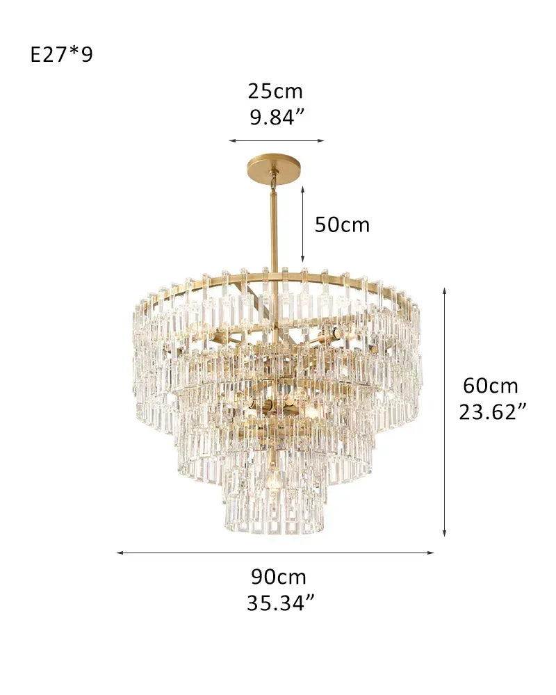 Montreux Series Cascading Chandelier | Four-Tier Round Hand-Set Prismatic Crystals & Interlocking Steel, Premium Gold or Matte Black for Grand Entryways, Dining Areas, and Living Rooms 3-tier-D90*H60CM D35.43"*H23.62" Gold American chandelier