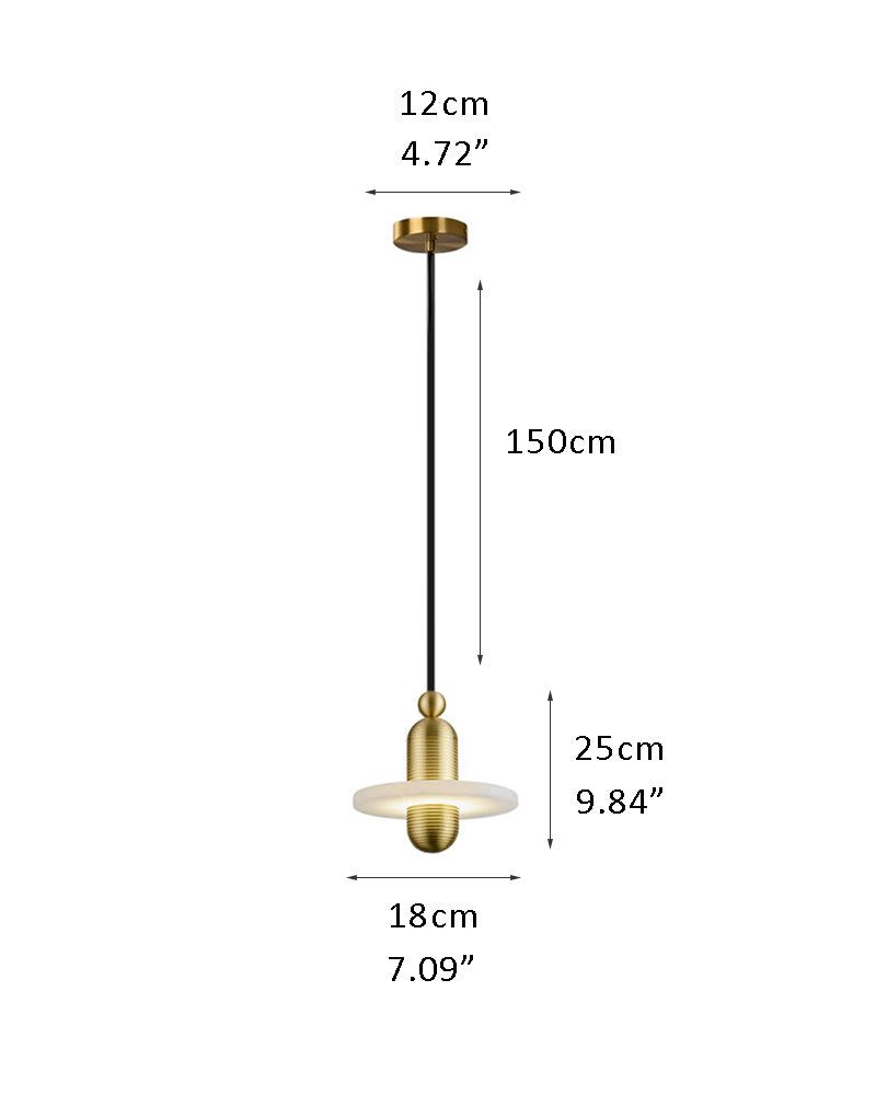 Brass and glass pendant lamp dimensions: 12cm width, 150cm height, 18cm depth.