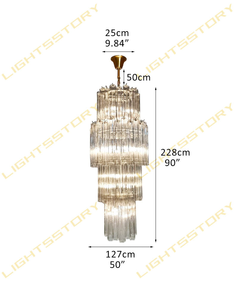 Cortina Series Cascading Chandelier | Multi-tiered Fluted Glass Handcrafted fluted clear Murano-inspired glass tubes, Satin Brass and Chrome for Grand entrances and dining rooms - LightsStory Chandeliers & Crystal Lighting - USA
