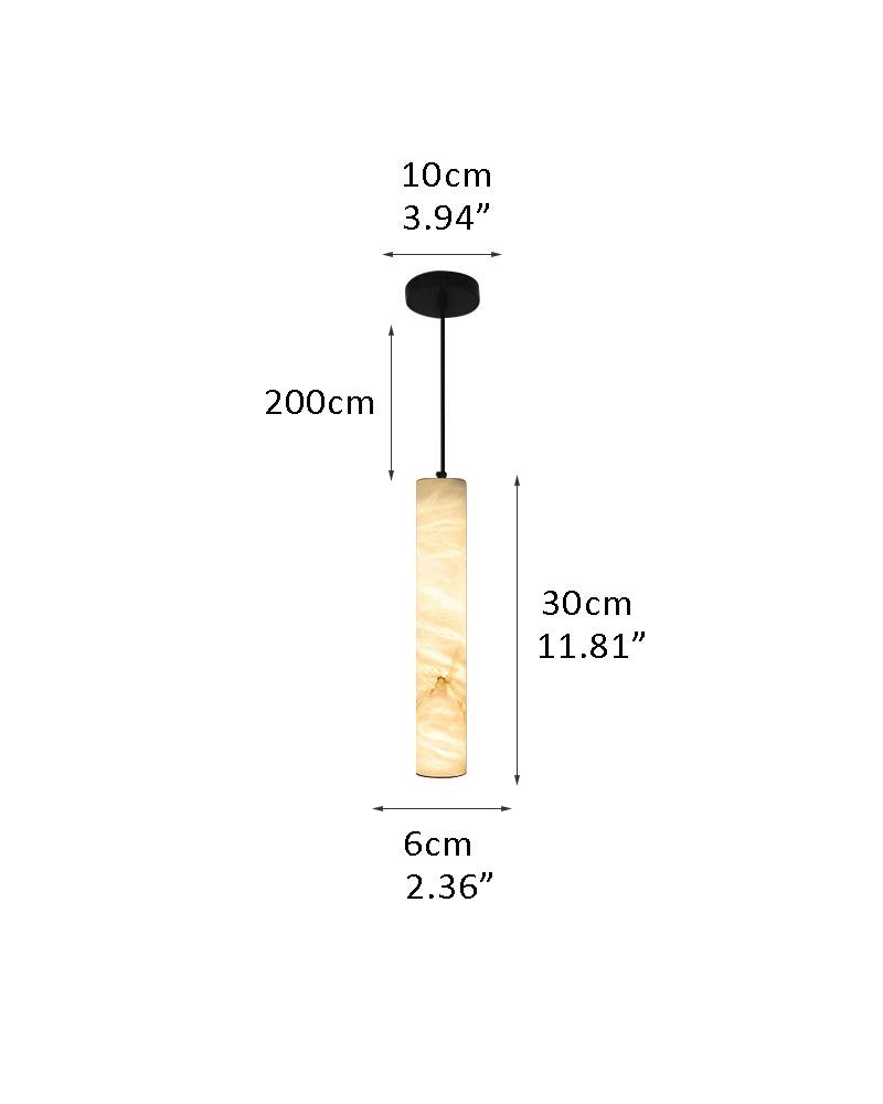 Alabaster cylindrical LED pendant lamp dimensions: 30cm x 6cm x 200cm.