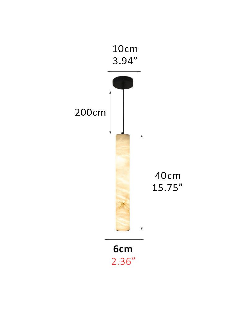 Dimensions of alabaster cylindrical LED pendant lamp: 40cm x 6cm x 200cm.