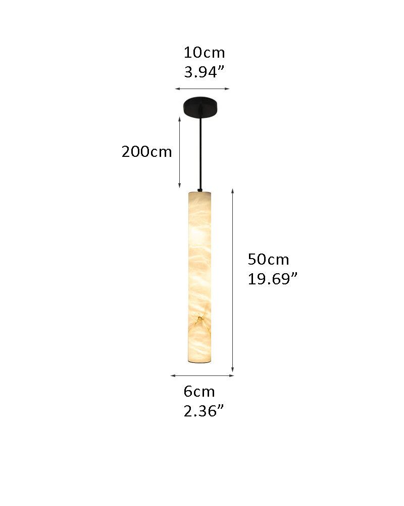 Cylindrical alabaster LED pendant lamp dimensions: 200cm height, 10cm width, 6cm depth.
