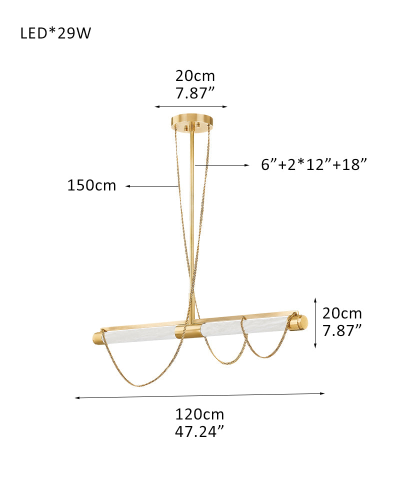 LED Tubular Alabaster Shades Ceiling Pendant Lamp 49" with long chains | Brass