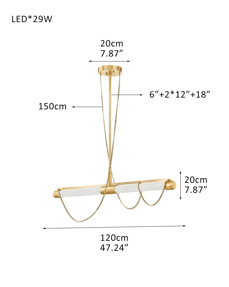 LED Tubular Alabaster Shades Ceiling Pendant Lamp 49" with long chains | Brass 1 set - L120*W20*H68CM L48"*W8"*H27" White + Brass Vintage Simple Pendant Lamp