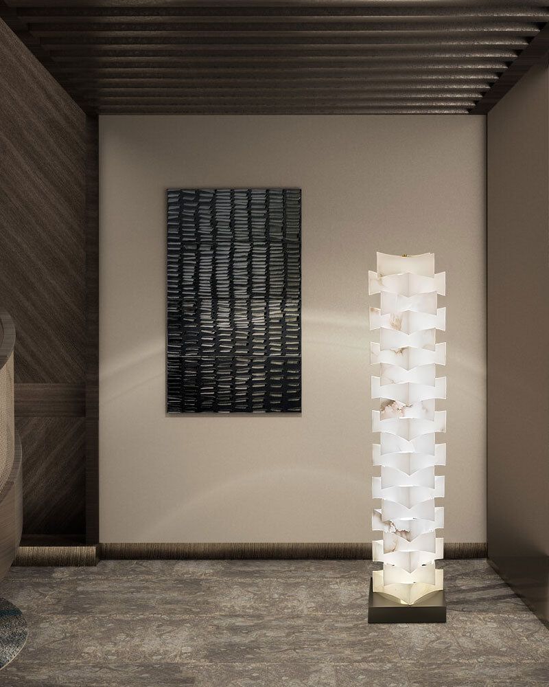 Illuminating LED floor lamp with alabaster shade in a stylish modern room