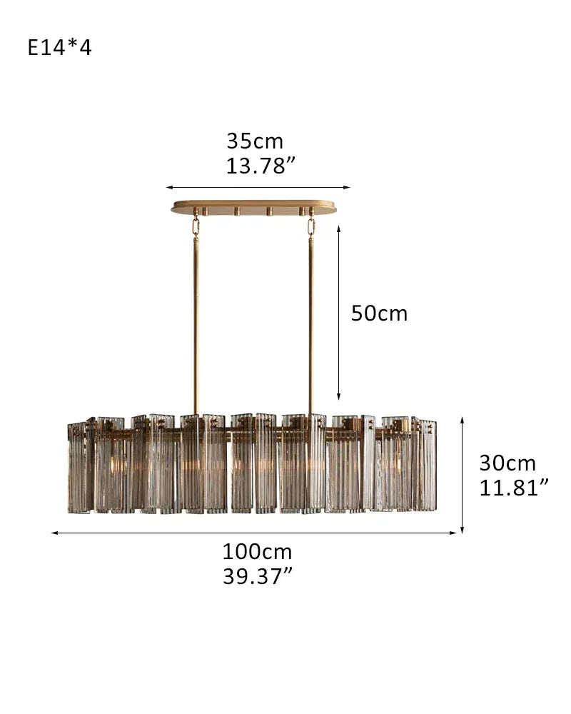 Rectangular Smoke/Clear Glass Delsie Tier Chandelier Wide 40" for over dining table 1-Tier-L100CM L39.37" Gold Steel + Smoke Glass American chandelier
