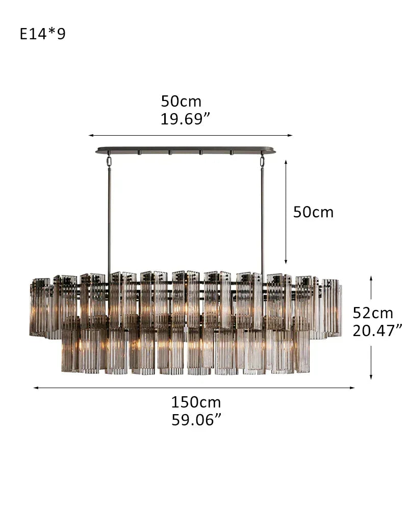 Rectangular Smoke/Clear Glass Delsie Tier Chandelier Wide 40" for over dining table 2-Tier-L150CM L59.06" Black Steel + Smoke Glass American chandelier