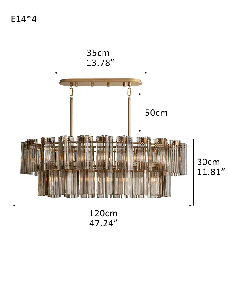 Rectangular Smoke/Clear Glass Delsie Tier Chandelier Wide 40" for over dining table 2-Tier-L120CM L47.24" Gold Steel + Smoke Glass American chandelier