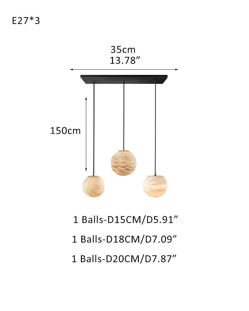Art Decor Linear Moon Alabaster Globe Multi-Light Chandelier for Dining Kitchen Ambience 3-light-D15+D18+D20CM D5.9"+D7.09"+D7.87" White + Black Modern Pendant lamp