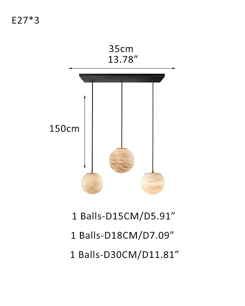 Art Decor Linear Moon Alabaster Globe Multi-Light Chandelier for Dining Kitchen Ambience 3-light-D15+D18+D30CM D5.9"+D7.09"+D11.81" White + Black Modern Pendant lamp