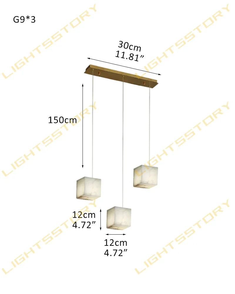 Square Alabaster Shade LED Cluster Linear Pendant Lamps 12 lights over American dining table 3-light-D12*H12cm D4.72*H4.72" White + Brass Modern Pendant lamp