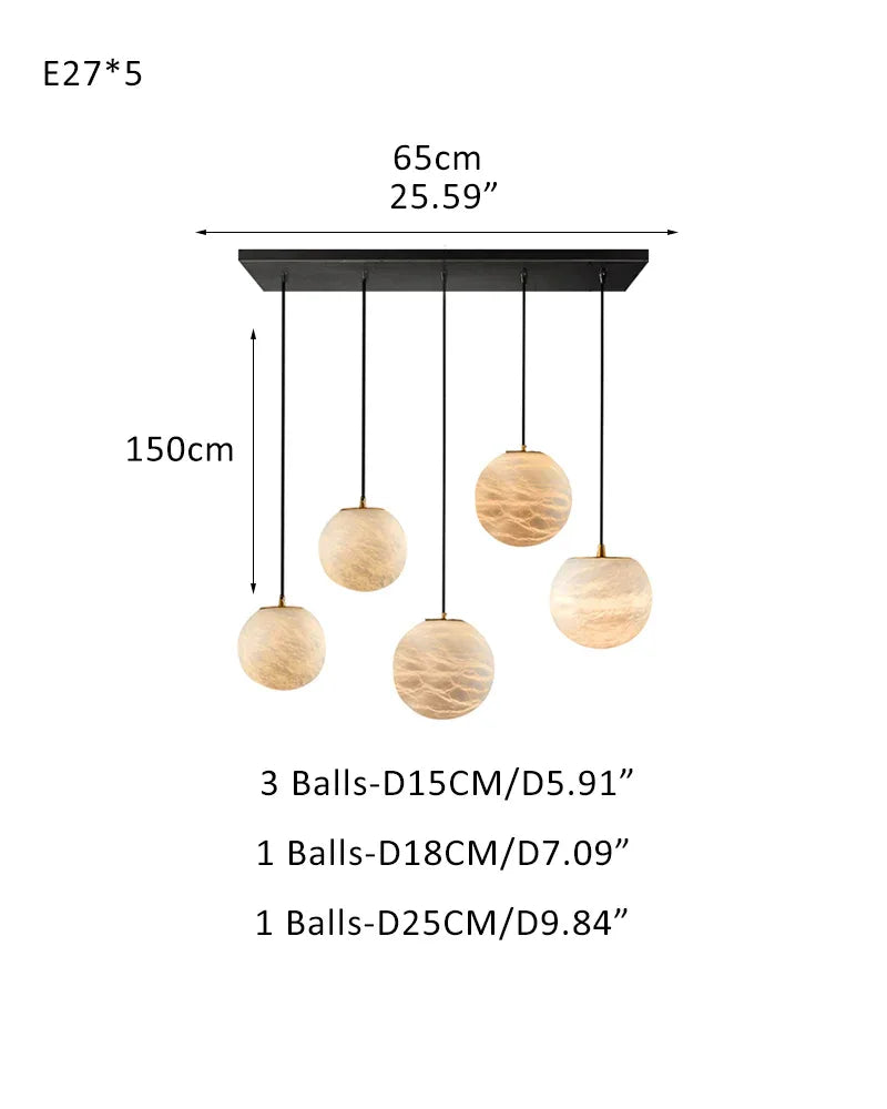Art Decor Linear Moon Alabaster Globe Multi-Light Chandelier for Dining Kitchen Ambience 5-light-D15*3+D18+D25CM D5.9"*3+D7.09"+D9.84" White + Black Modern Pendant lamp