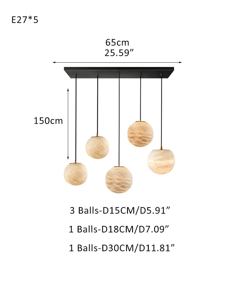Art Decor Linear Moon Alabaster Globe Multi-Light Chandelier for Dining Kitchen Ambience 5-light-D15*3+D18+D30CM D5.9"*3+D7.09"+D11.81" White + Black Modern Pendant lamp