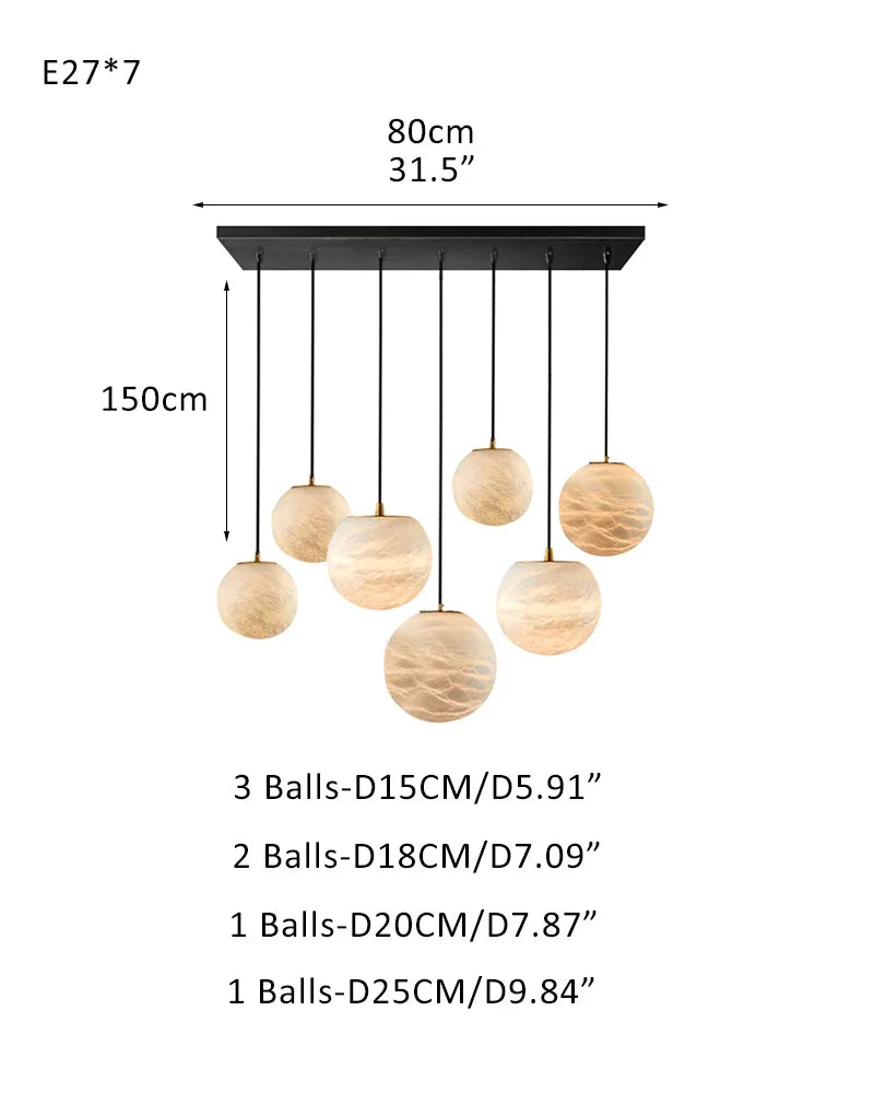 Art Decor Linear Moon Alabaster Globe Multi-Light Chandelier for Dining Kitchen Ambience 7-light-D15*3+D18*2+D20+D25CM D5.9"*3+D7.09"*2+D7.97" White + Black Modern Pendant lamp