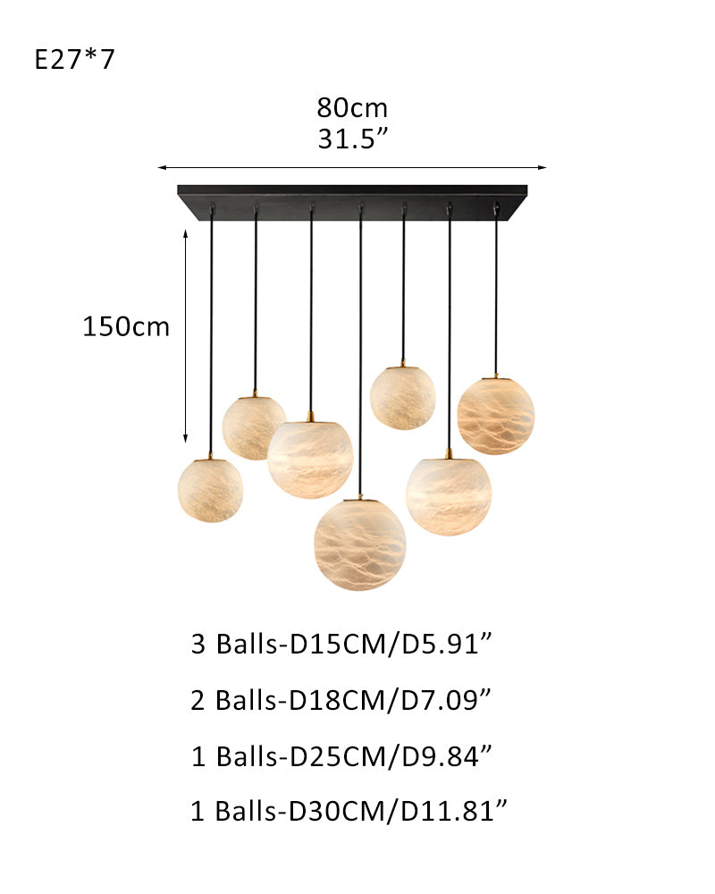 Art Decor Linear Moon Alabaster Globe Multi-Light Chandelier for Dining Kitchen Ambience