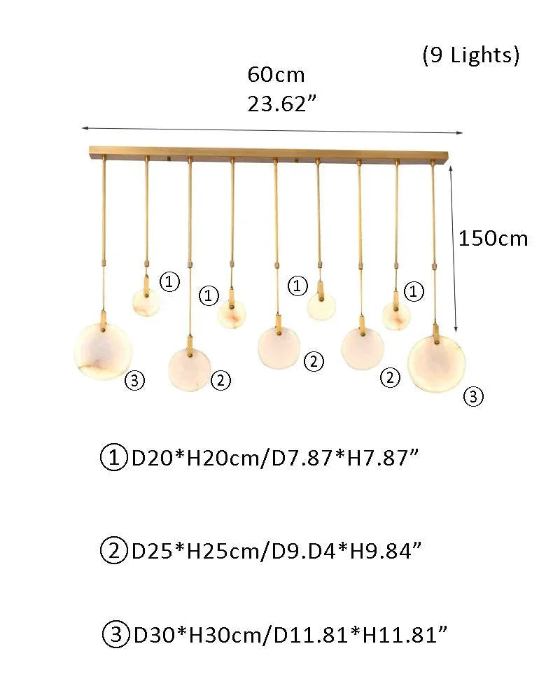 Cluster Spanish Marble Round Pendants Staircase Chandeliers Lighting Brass Finished L-9P-D20*4+D25*3+D30*2CM White + Brass Modern Pendant lamp