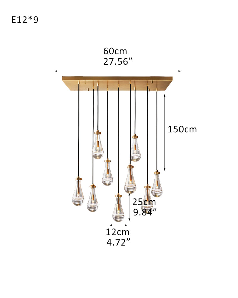 Aveline K9 Crystal Teardrop Cascading Cluster Pendant Light - Crystal Clear Teardrops, Serene Black Trim - Kitchens, Dining & Living Rooms