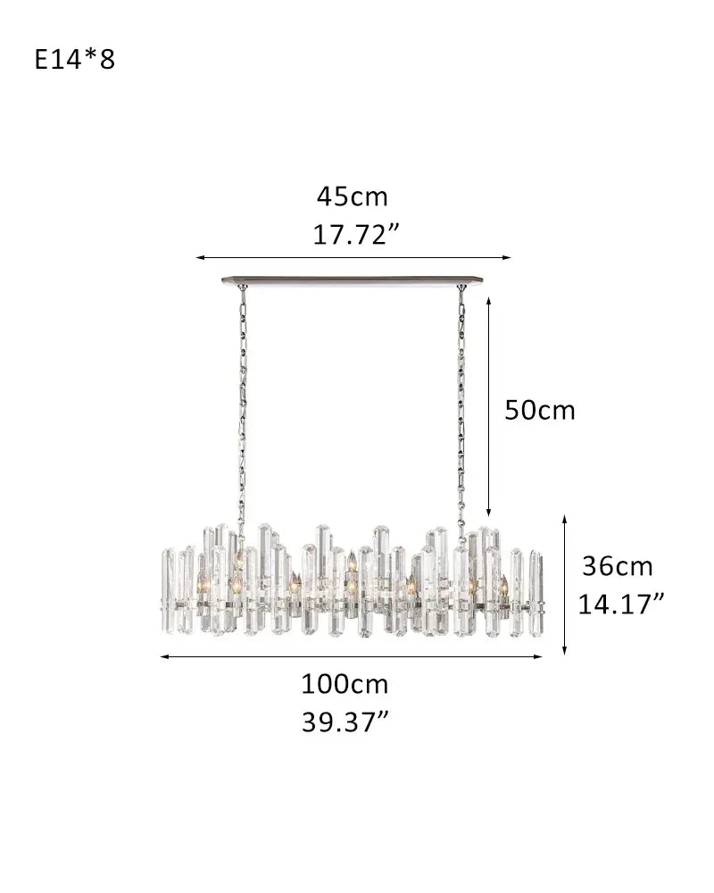 2-tier crystal glass chandelier with chrome metal frame, E14 8/10 Lights L100*H36CM L39.37“*H14.17" Chrome American chandelier