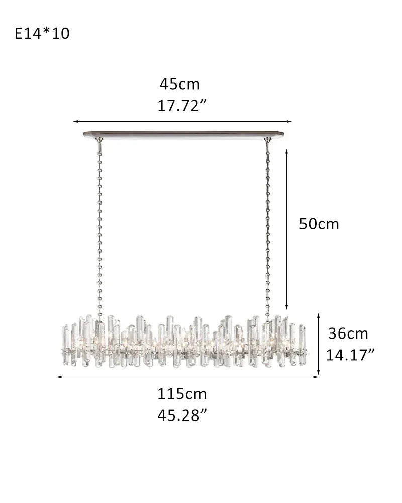 2-tier crystal glass chandelier with chrome metal frame, E14 8/10 Lights L115*H36CM L45.28“*H14.17" Chrome American chandelier