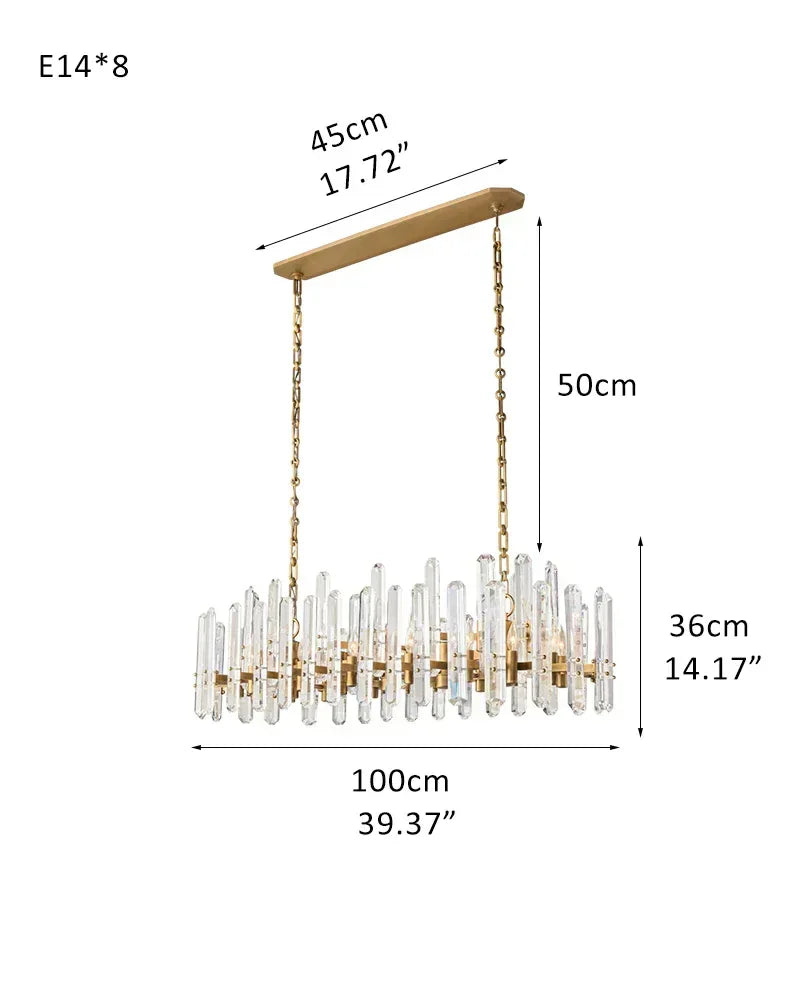 2-tier crystal glass chandelier with chrome metal frame, E14 8/10 Lights L100*H36CM L39.37“*H14.17" Brass American chandelier