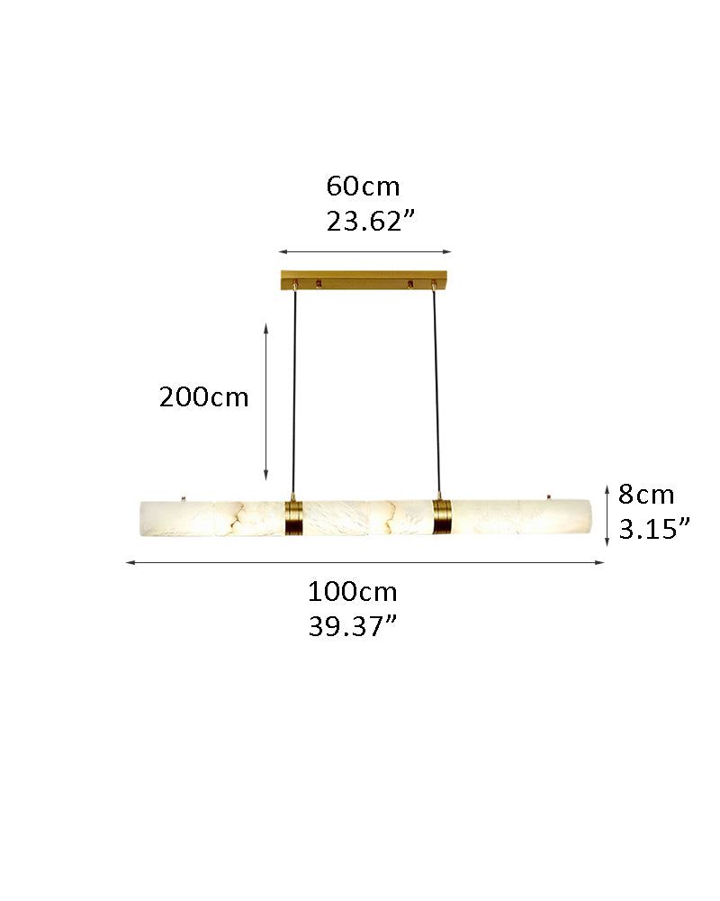 Dimensions of alabaster LED pendant lamp: 60cm x 8cm, hanging from brass fixtures.