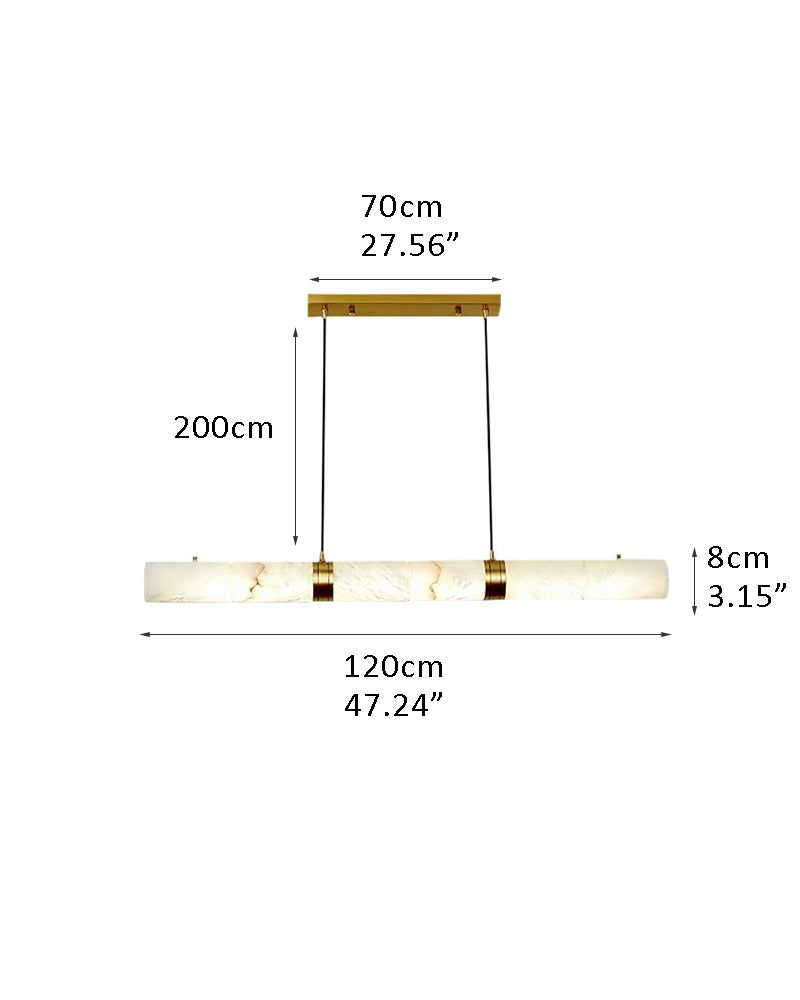 Alabaster cylindrical LED pendant lamp with brass fixtures, dimensions 120cm x 8cm.