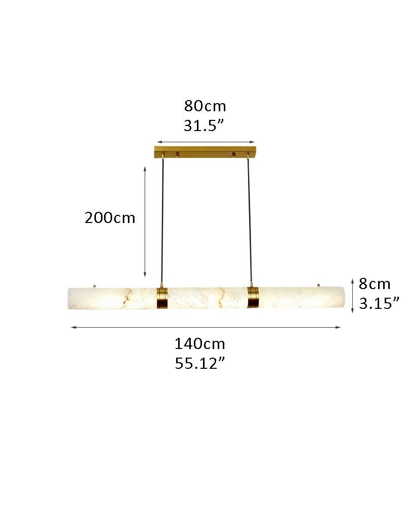 Alabaster LED pendant lamp with brass fixtures, dimensions 140cm x 8cm.