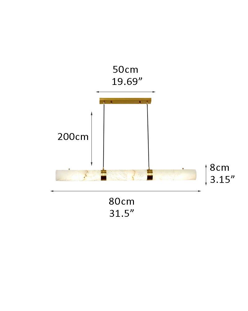 Alabaster LED pendant lamp dimensions 50cm x 8cm, hanging from brass fixtures.