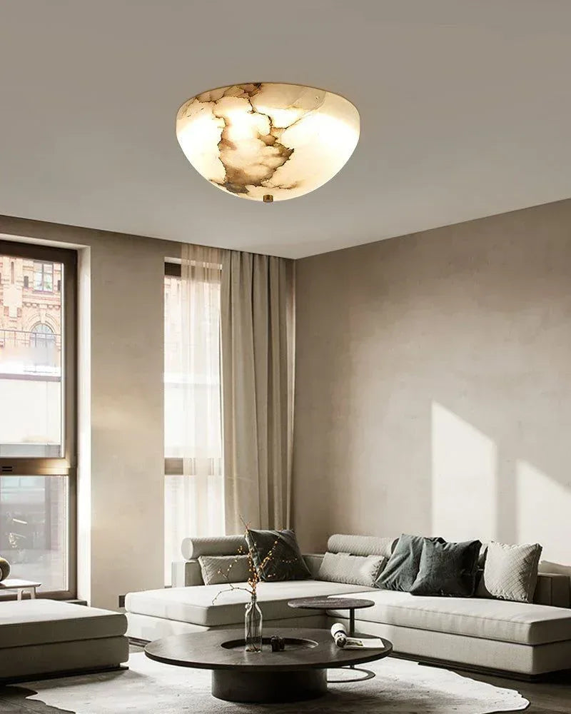 LED Alabaster Semi-Flush Ceiling Light with Round Bowl in brushed brass for living room, hallway Flush Mounted Ceiling Lamp