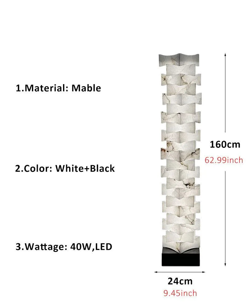 LED Stacked Laminated Square High Floor Lamp with Alabaster Marble shade D24*W18*H160CM D9.45*W7.1H62.99" Black + White Vintage Simple Floor Lamp