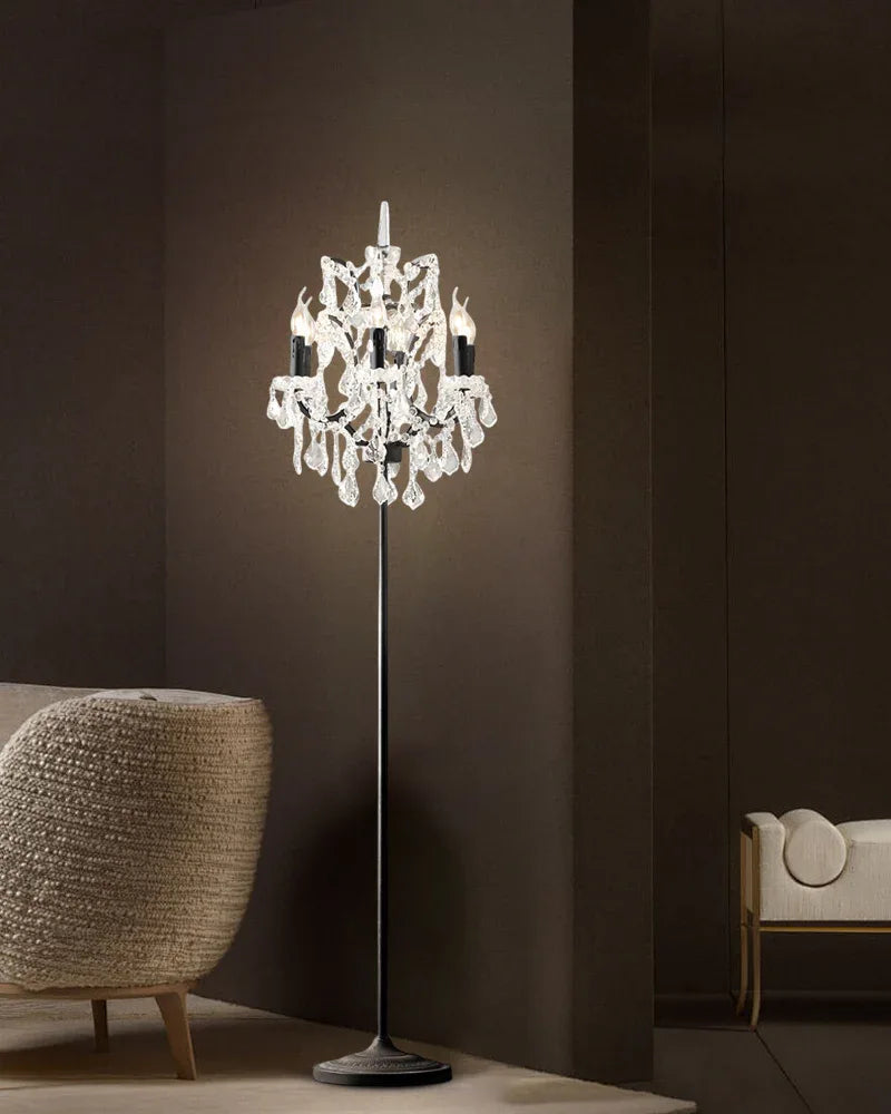 LightsStory Series Prismatic Floor Lamp | Cut Crystal Candelabra Intricate cut crystal and raw metal frame with deep brown fabric shade, Gold and Chrome contrast finish for Living rooms, bedrooms, and entryways American standing floor lamp