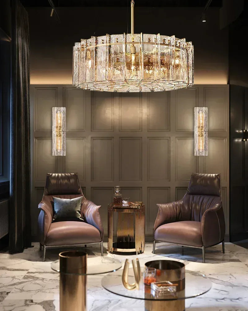 Gordes Series Architectural Chandelier | Lattice Matrix Transparent and smoky corrugated glass, Transparent Glass finish for Entryways, dining areas, and lofts American Vintage chandelier lamp