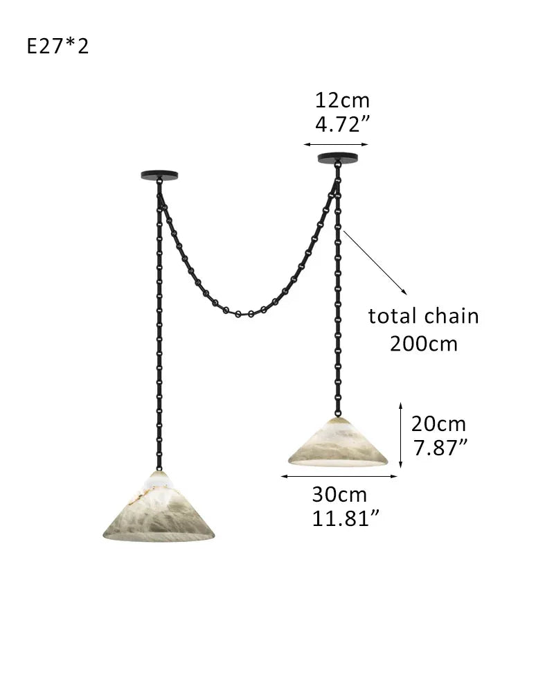 Medium 12" Conical Pendant White Alabaster Shade with Adjustable Chain for living room 2 light-D20+D30 D7.9"+D11.8" White + Black Chain Modern Pendant lamp