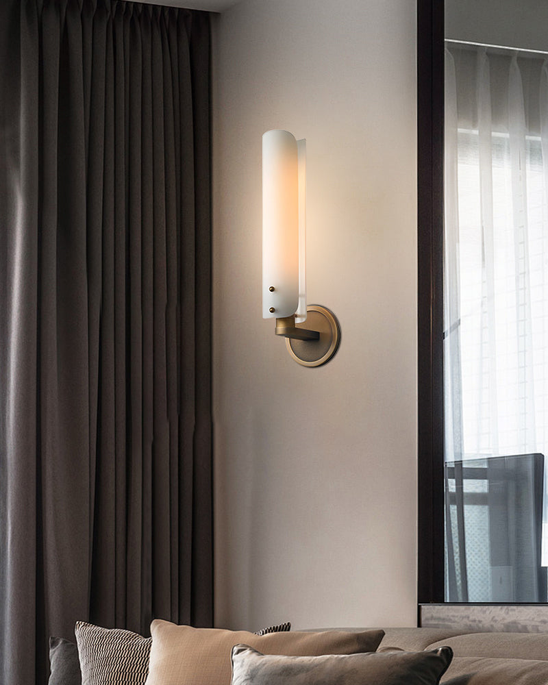 Milk glass curved wall sconce lamp with brass mount in modern living room