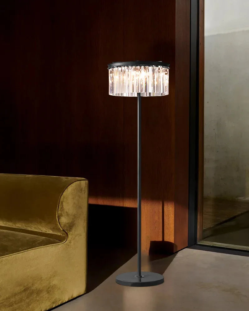 Simplicity Cylinder Shape 2-Tier Crystal Table Lamp in Black Metal with Clear/Smoke Glass Modern Table lamp